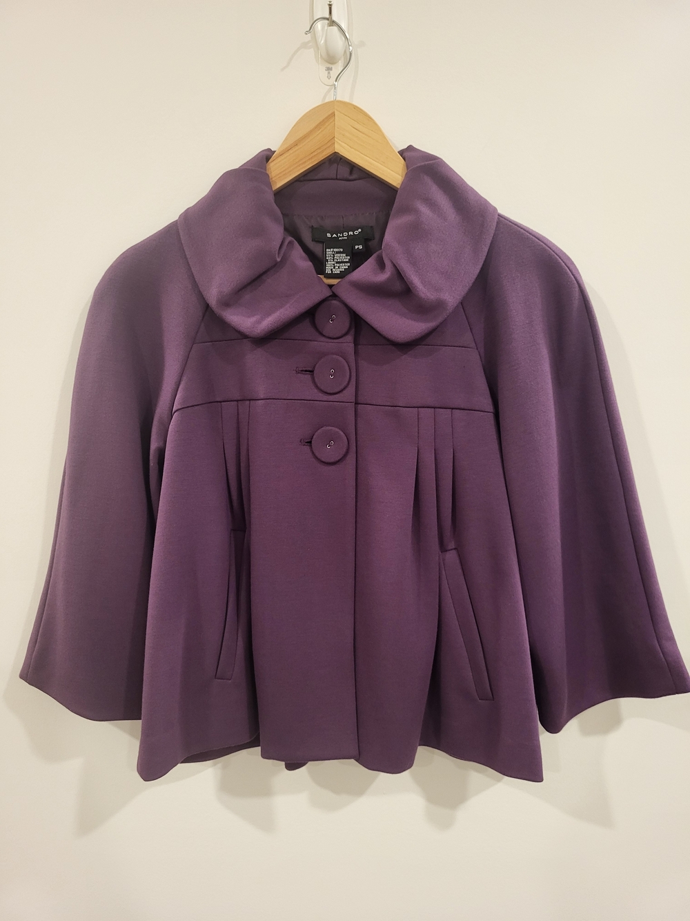 Sandro Petite VTG Purple Swing Coat S Cropped A-Line Retro-Mod Oversize Buttons